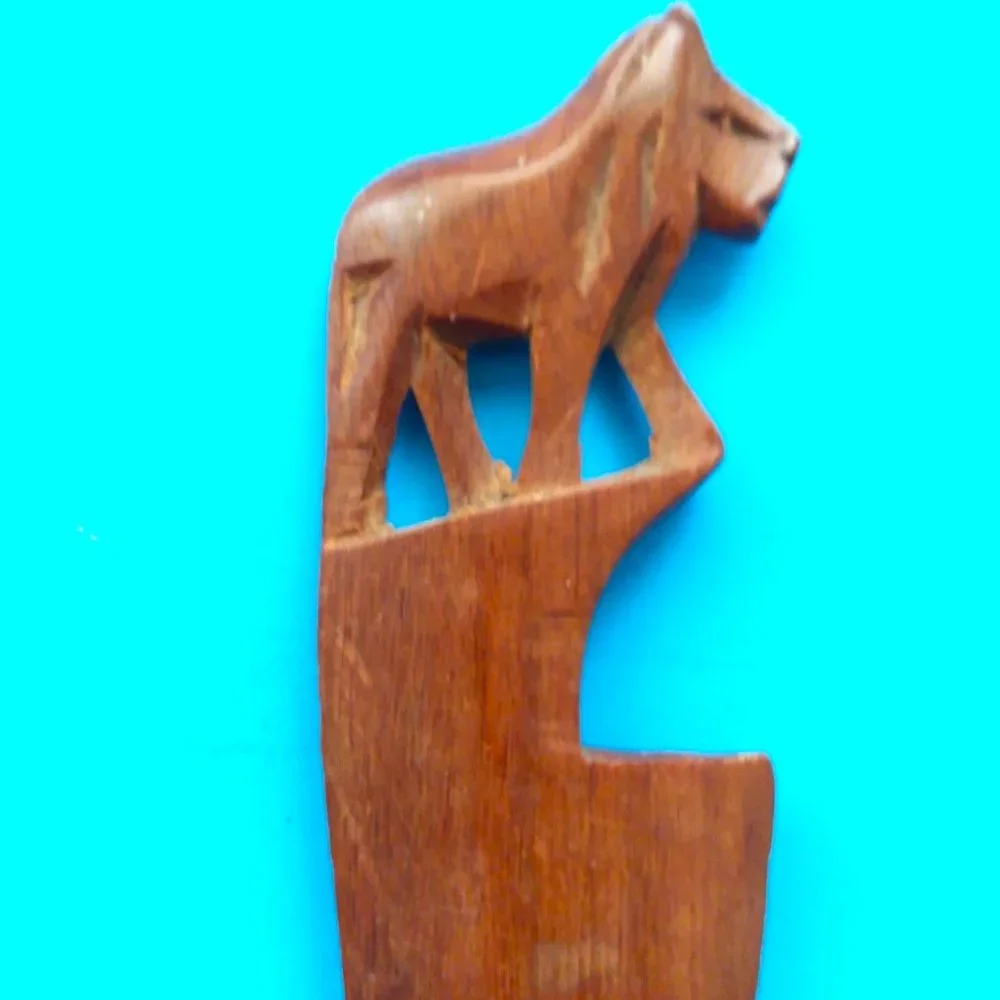 VTG Letter Opener Lion Carved Wood Knife Handle Africa Mail Folk Art Safari King